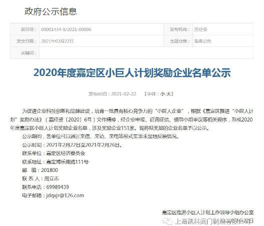 凱科閥門入選2020年度嘉定區(qū)小巨人計(jì)劃獎(jiǎng)勵(lì)企業(yè)名單 凱科閥門入選2020年度嘉定區(qū)小巨人計(jì)劃獎(jiǎng)勵(lì)企業(yè)名單