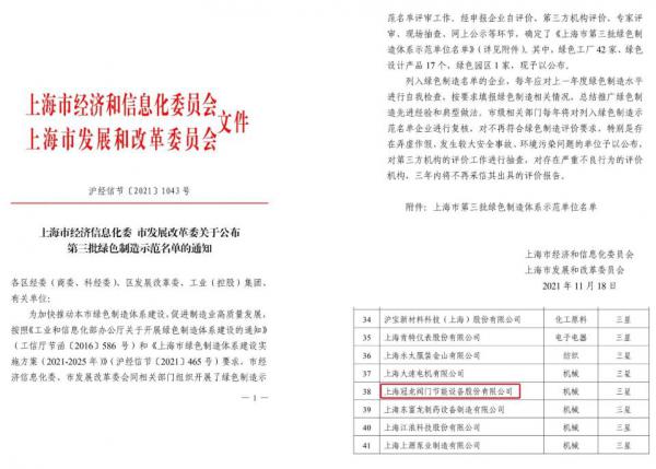上海冠龍閥門節(jié)能設(shè)備入選“工業(yè)產(chǎn)品綠色設(shè)計(jì)示范企業(yè)”
